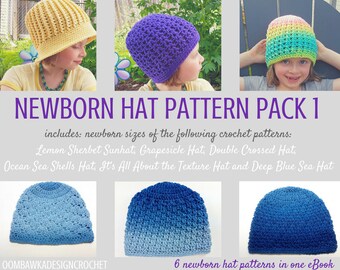 May include: A collection of six newborn crochet hat patterns in an ebook. The patterns include a lemon sherbet sunhat, a grapesicle hat, a double crossed hat, an ocean sea shells hat, a texture hat, and a deep blue sea hat.