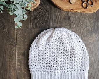 Easy Crochet Beanie Pattern, Lacy V Stitch Slouch Hat, DK Weight Yarn - Pattern PDF