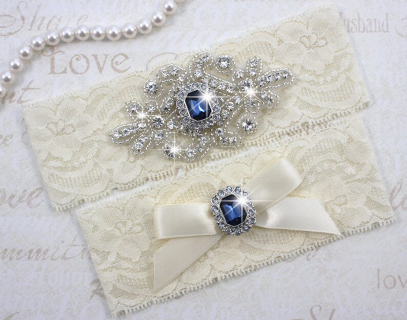 Wedding Stretch Lace Garter Something Blue RACHEL Sapphire Blue Wedding Garter Set SALE Rhinestone Crystal Bridal Garters