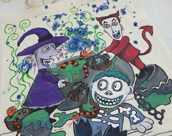 Hand painted Lock Shock Barrel Nightmare Before Christmas Shopping Canvas Tote Bag