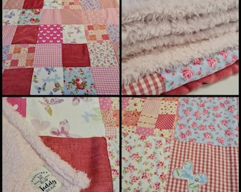 Super soft Pastel Baby Pink Girly Embroidered Butterfly Luxury patchwork quilt Blanket Throw