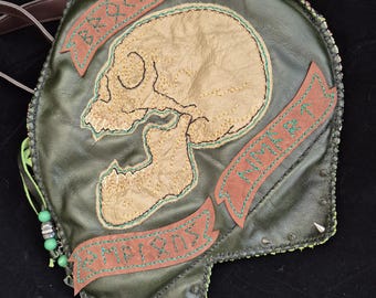 SALE Hand Sewn 'Broken Hearted' Real Leather Human Skull Studded shoulder Handbag with Hidden surprise