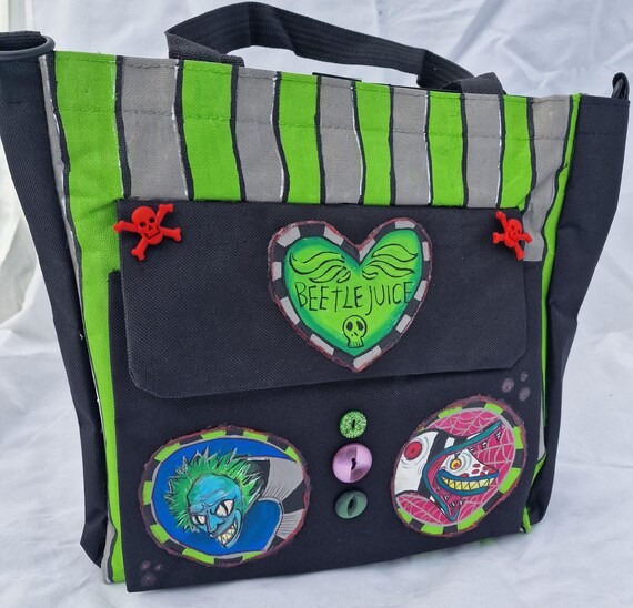 Handpainted Beetlejuice Patch Sandworm Tote Shopping Bag  display picture 2