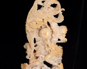 13,39" 2386 g naturlig förstenad trä handsnidad drake och Phoenix statyer, maskot stenhuggning, Reiki heminredning, #AQ93, Joancarving