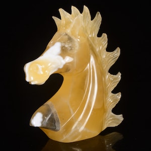 3.86&quot; 225g Natural Yellow Calcite Hand Carved Horse Head Sculpture, Animal Figurine, Pony Gemstone Carving Collectibles, #24H13, Joancarving