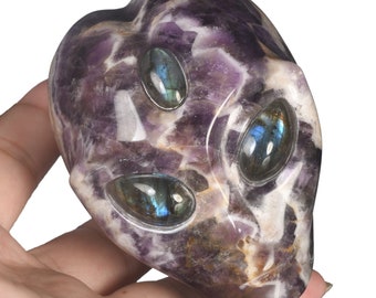 3.07" 541g New Arrival! Chevron Amethyst Handmade Alien Head Sculpture with 3 Eyes,Star Being Gemstone Carving,Figurine, #37D36, Joancarving