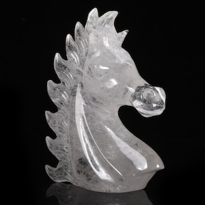 4.06&quot; 226g Clear Quartz Crystal Hand Carved Horse Head Sculpture, Animal Figurine, Pony Gemstone Carving Collectibles, #31G83, Joancarving