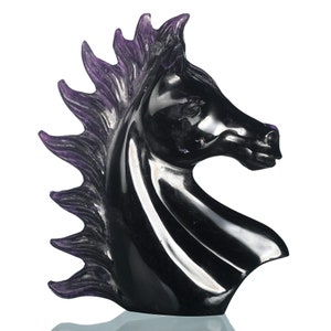 4.02&quot; 253g Natural Deep Purple Fluorite Hand Carved Horse Head Sculpture, Pony Figurine, Gemstone Carving Collectibles #35W50, Joancarving