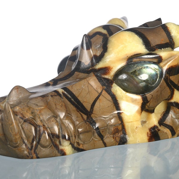 7.05" 1234g Natural Septarian Hand Carved Dragon Skull Head Sculpture with Labradorite Eyes, Crystal Skulls Art Object, #35W80, Joancarving