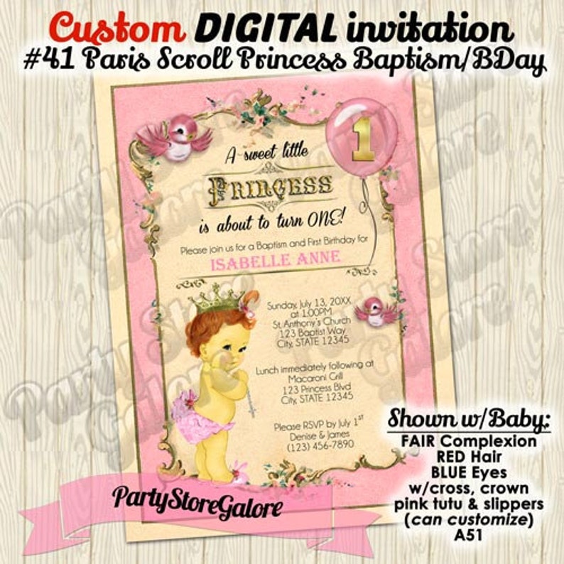 Vintage Baby Girl Princess Birthday Baptism Invitations Etsy