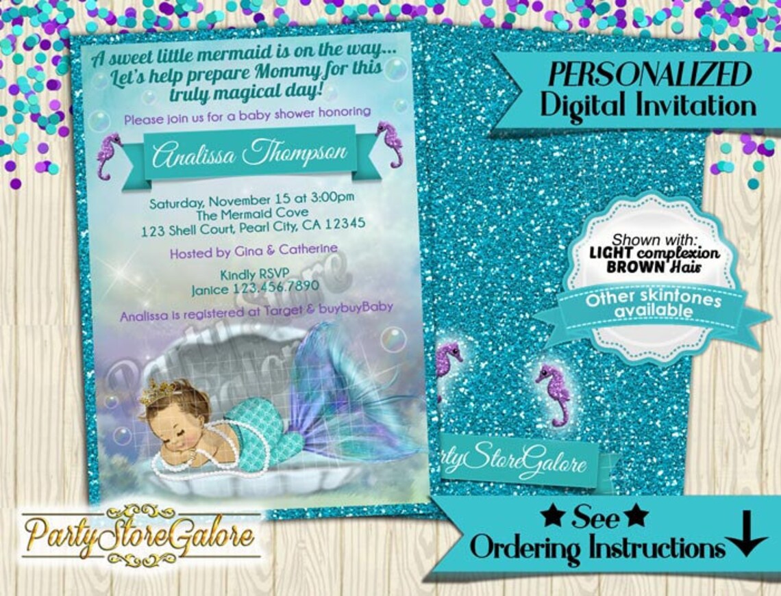 Mermaid Baby Shower Invitations Little Mermaid Under the Sea Ocean