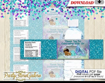 Little Mermaid Baby Girl Baby Shower Water Bottle Labels mermaids purple blue Under the Sea Printable INSTANT DOWNLOAD Dark NaturalHair 224