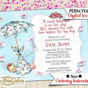 Girls Baby Shower Invitations Umbrella Baby Showering Gifts with Love Girl Pink Blue Floral Roses Personalized DIGITAL INVITATION #143