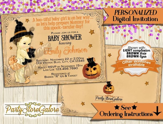 Halloween Baby Shower Invitations  glitter orange little witch black cat costume boo hat Fall Personalized DIGITAL INVITATION Printable 131