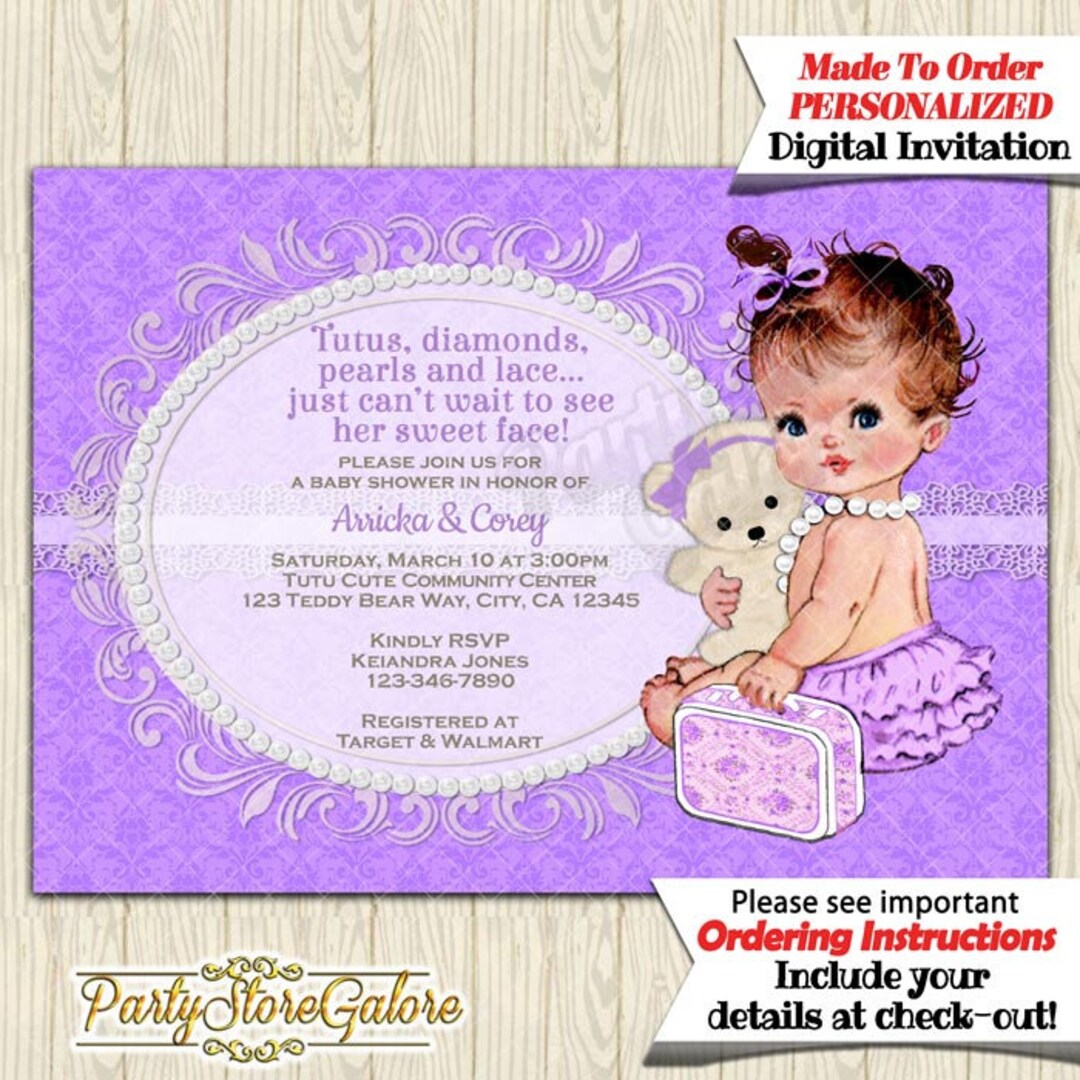 Girls Baby Shower Invitations Lavender Tutu Pearls Lace Teddy Etsy