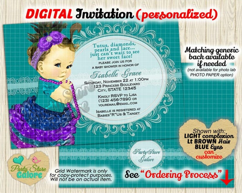 Baby Girls Baby Shower Invitations Peacock Teal Blue Purple Printable Personalized Digital Invitation #111 Ethnic African American available