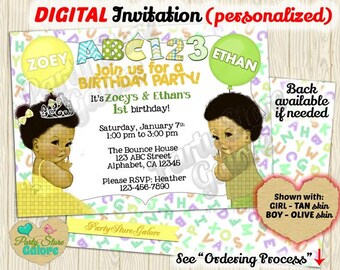 Alphabet Invitation ABC 123 Birthday Party girls boys twins siblings combined 1st Birthday Printable Custom Personalized Digital Invitations