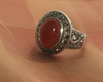 Carnelian & Marcasite Sterling Silver Statement Ring Size 10