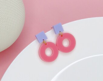 Square Circle stud earrings in lilac & pink