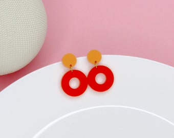 Double Circle Ohrstecker in Peach & Orange, handgemachte Colorblock Ohrringe