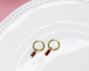 Boucles d'oreilles créoles en acier inoxydable avec pierres rouges rubis, imperméables, hypoallergéniques