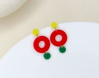 Boucles d'oreilles à clous Colorblock Double Circle en jaune, rouge et vert grenouille