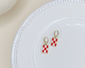 Red Checkered Hoop Earrings