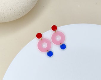 Boucles d'oreilles à clous Colorblock Double Circle en rouge, rose glacé et bleu profond