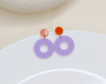 Colorblock Circle stud earrings in orange & lilac