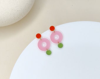 Boucles d'oreilles clous Colorblock Double Circle orange, rose glacier et olive transparent