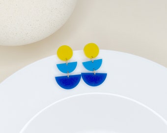 Blue Yellow Semicircle Statement Earrings