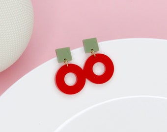 Boucles d’oreilles Square Circle Stud en kaki & rouge