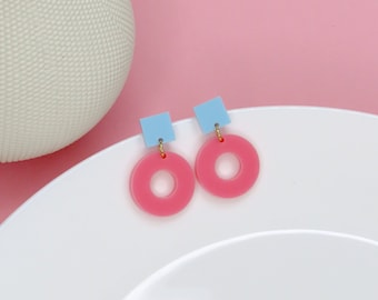 Square Circle Stud Earrings in Light Blue & Pink