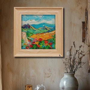 Original Oil Painting Landscape Textured Art Mountain Meadow Contemporary Palette Knife Artwork