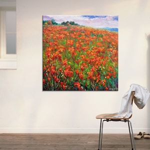 Flower Field Oil Painting: Palette Knife Impasto Landscape, 36x36 Canvas