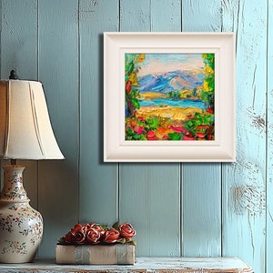 Contemporary Art Original Painting Textured Landscape Mountain Lake Vibrant Colors Palette Knife