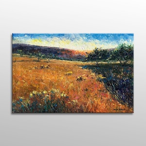 Awaken your senses with this 32x48-inch wild fields sunrise original oil painting. Add a touch of nature's beauty to your space