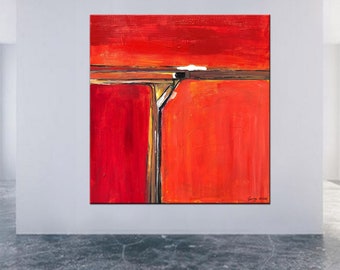 Abstract Oil Painting Red, Minimalist Painting, Wall Hanging, Office Wall Art, Living Room Decor, Above Bed Art, Unique Wall Art