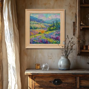 Original Oil Painting: Vibrant Lavender Landscape, Textured Impasto Art by George Miller, 16x16" Modern Wall Decor