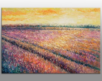 Oil Painting, Landscape Painting, Canvas Art,  Oil Painting Original, French Provence Purple Lavender Field Sunset, Palette Knife Painting