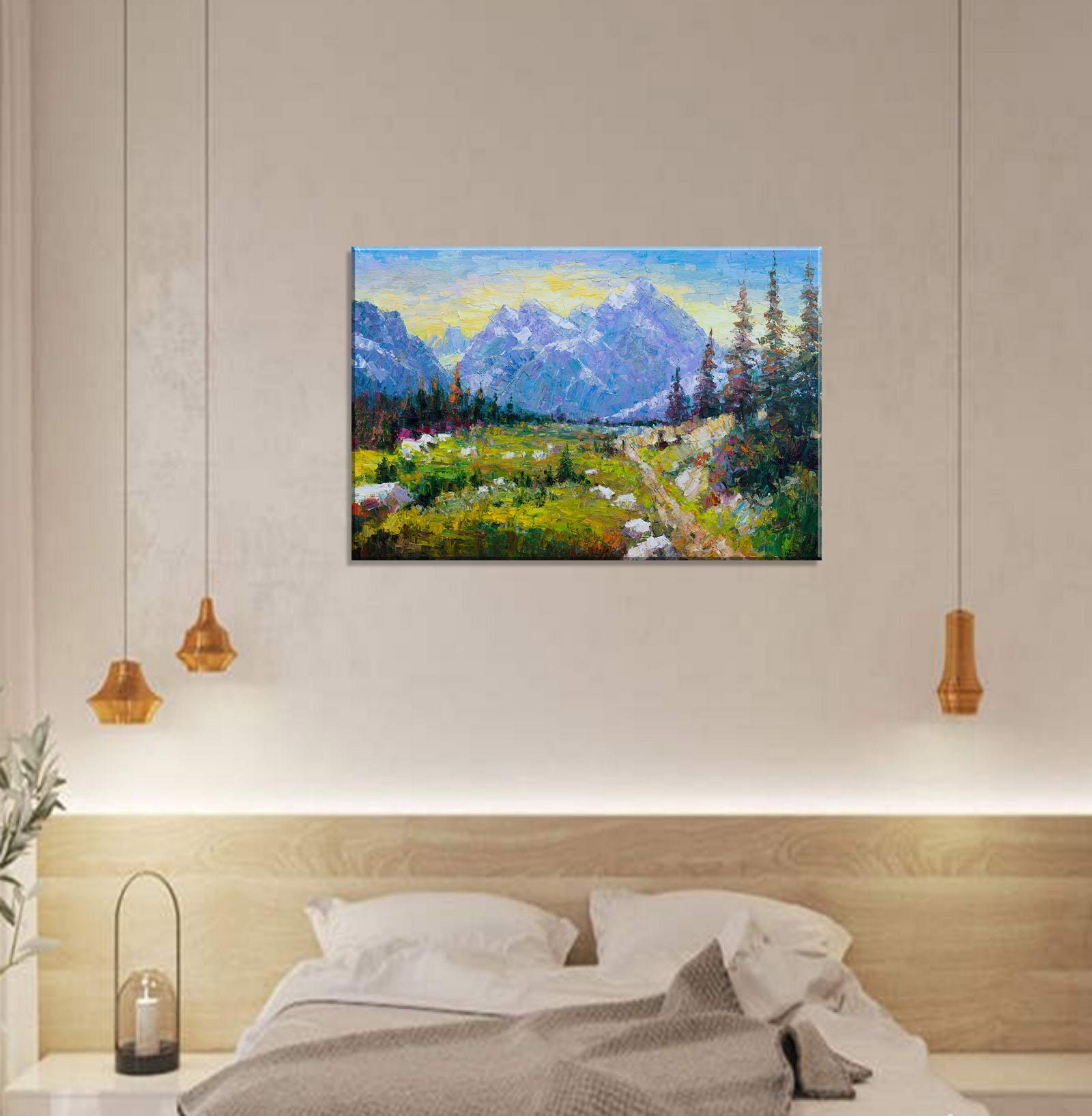 Buy Breathtaking Spring Scenery: Palette Knife Oil Painting of Grass, Trees  & Snowy Mountains, 32x48 Inches Ready to Hang Artwork Online in India 