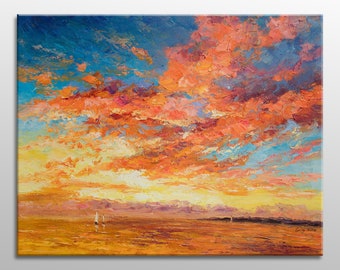 Large Wall Art Seascape Oil Painting Boats at Sea Sunset, Abstract Art, Living Room Wall Decor, Original Oil Painting, Large Abstract Art