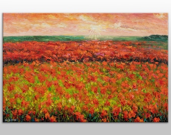 Spring Fields With Wild Flowers Oil Painting, Extra Large Wall Art, Red And Orange, Original Paintings, Framed Wall Art, Home Office Decor