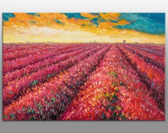 Add Vibrant Colors to Your Home with Tuscany Lavender Fields at Dawn by George Miller, A Large Ready-to-Hang Palette Knife Oil Painting