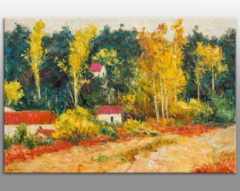 Peinture de paysage d’automne, Peinture à l’huile de forêt de bouleau, Peinture sur toile, Peinture impressionniste, Art mural, Peintures à l’huile de paysage originales