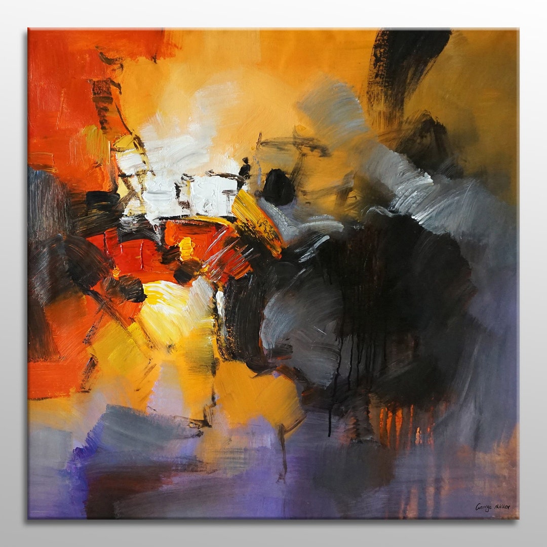 Large Abstract Painting Black Yellow and Red, Canvas Painting
