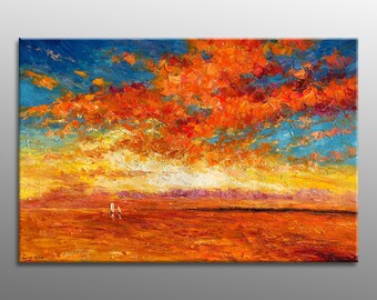 Pacific Sunset Oil Painting - Original Seascape Art - Fine Wall Decor - Oversized Canvas - Ready to Hang