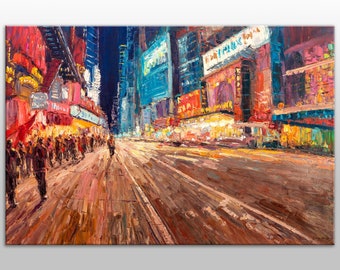 Oil Painting New York Street at Night Times Square, New York, Abstract Large Canvas Art, Oil Painting Original, Large Abstract Oil Painting