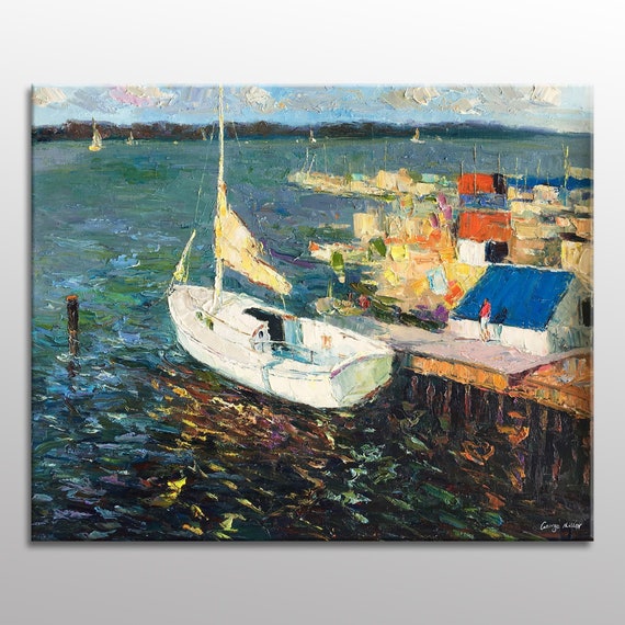 BO peint à la main avec couteau peinture bateau cadre étirage Prêt à  accrocher 20X24: Amazon.fr: Cuisine & Maison