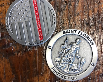 Black Helmet Saint Florian Thin Redline Line Firefighter Challenge Coin 1 3/4" Patron Saint of Firefighters Coin